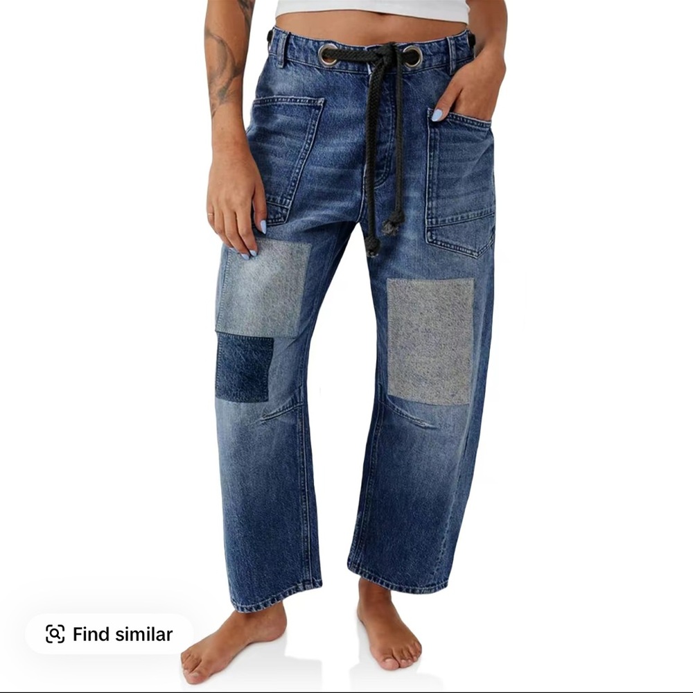 Women's Blue Patchwork Barrel Jeans